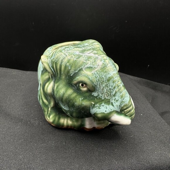 Vintage Green Drip Glaze Elephant Planter Mid Century Ceramic - Picture 3 of 12